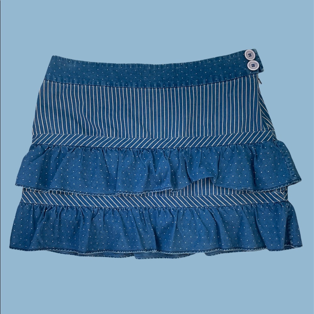 y2k marc jacobs tiered ruffled designer denim mini skirt with stripes/polka dots